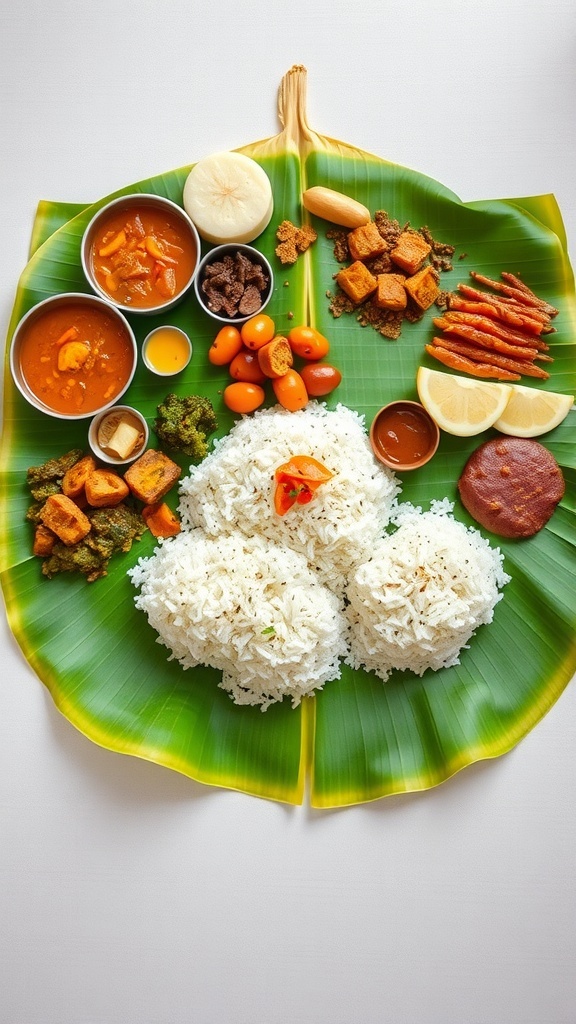 A traditional South Indian meal served on a banana leaf, featuring rice, curries, and various accompaniments.