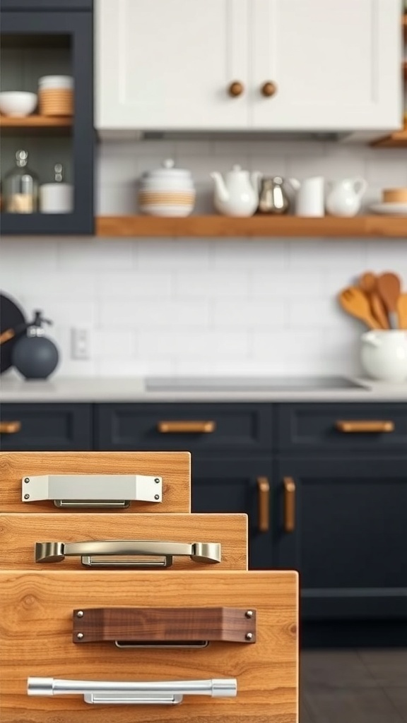 Various kitchen drawer handles on wooden drawers in a modern kitchen.