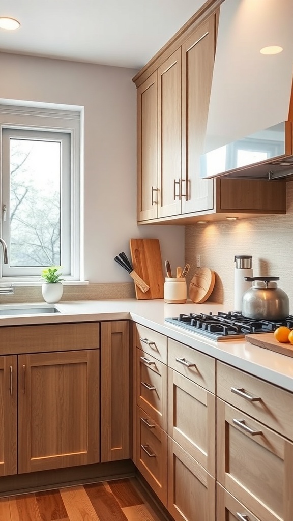 A modern kitchen with wooden cabinets and sleek drawer handles.