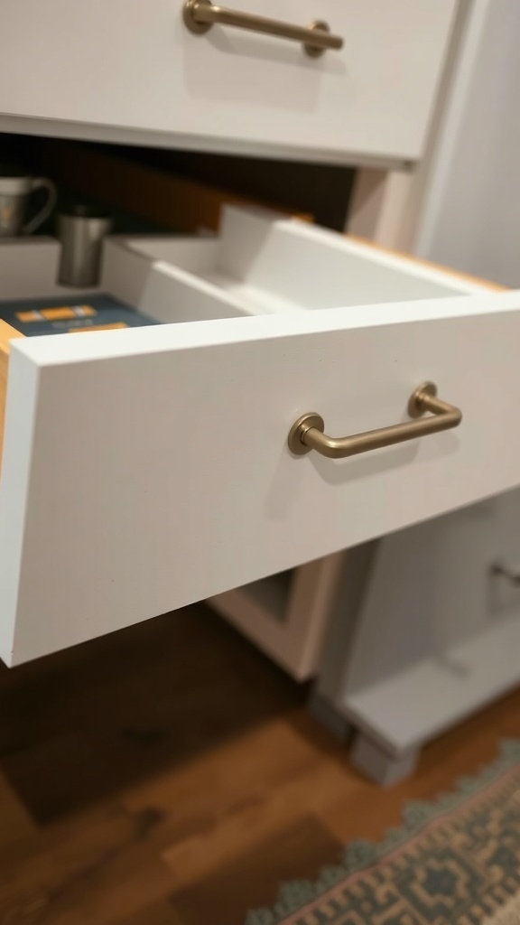 Close-up of a white drawer with a gold handle, showcasing organized contents inside.