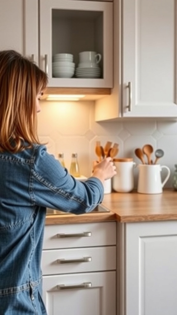 A person reaching for a cupboard handle in a modern kitchen.