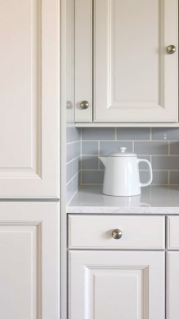 Close-up of two-tone kitchen cabinets with brass hardware.