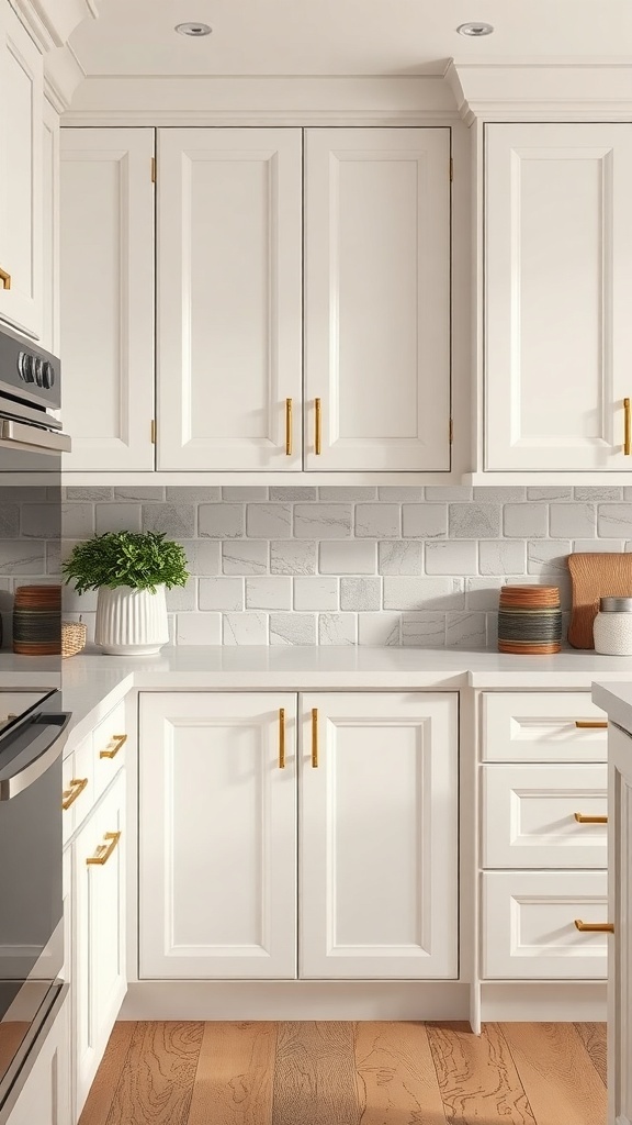 A modern kitchen featuring white cabinets with gold handles.