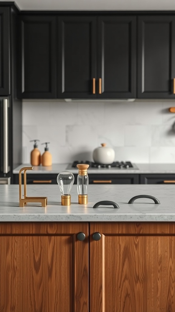 A modern kitchen with black cabinets and stylish handles and pulls.