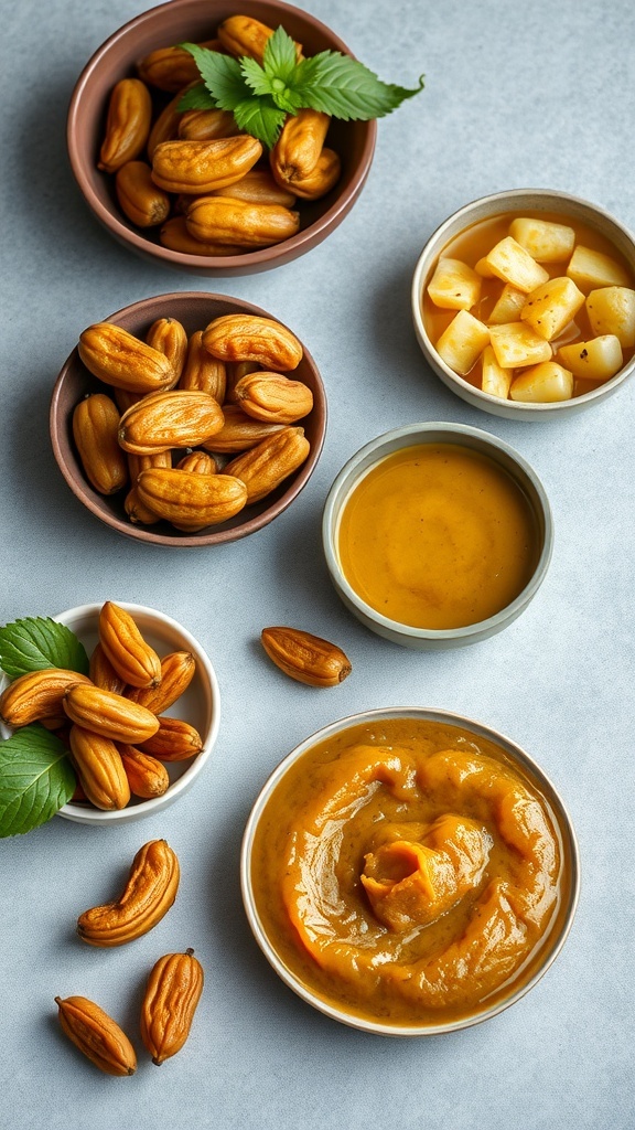 Bowls of tamarind and related ingredients in a South Indian kitchen.