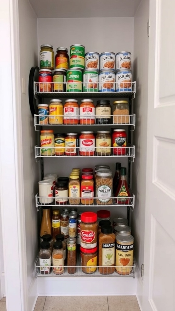 A small pantry with tiered organizers holding various jars and cans.