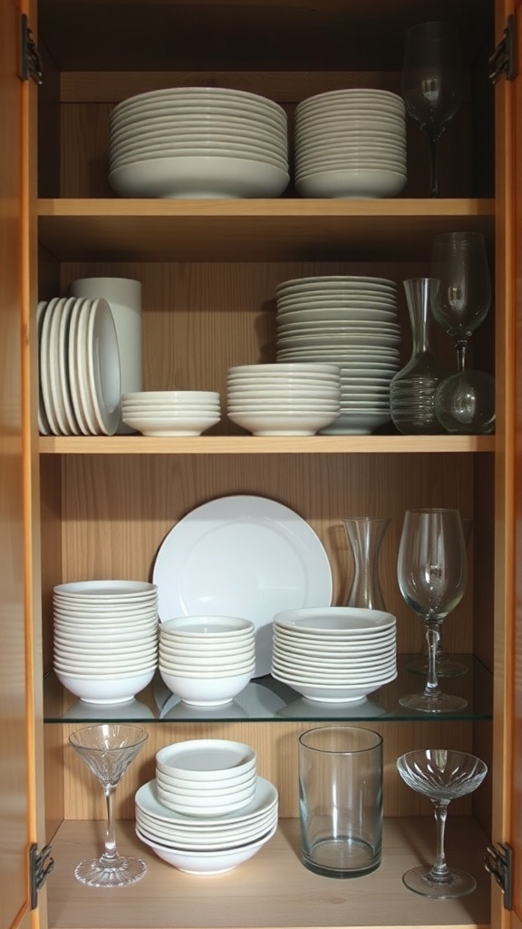 Organized corner kitchen cabinet with tiered shelving displaying white plates and glasses.
