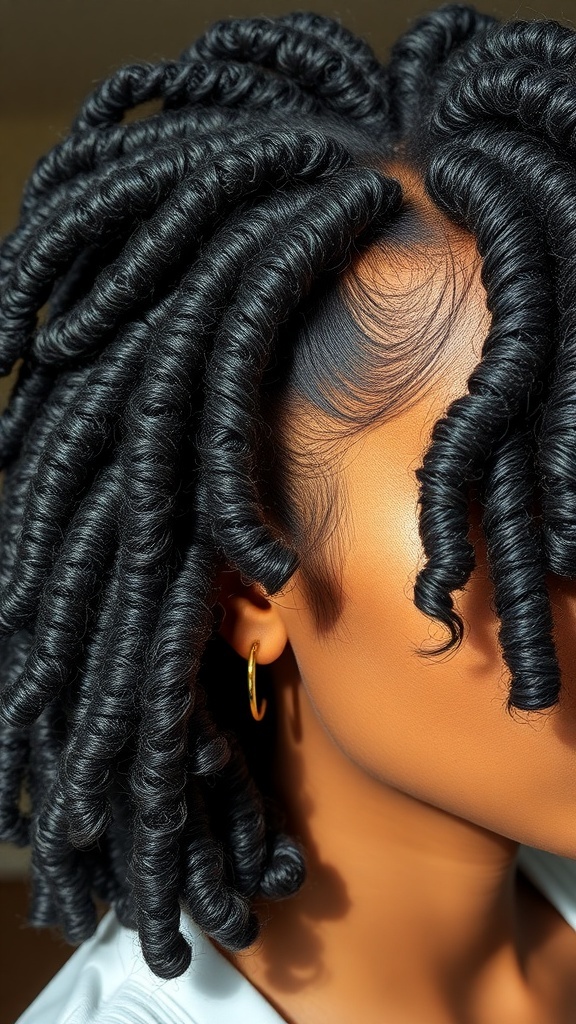 A close-up of tight curly hairstyle with a side part, showcasing defined curls and a chic look.