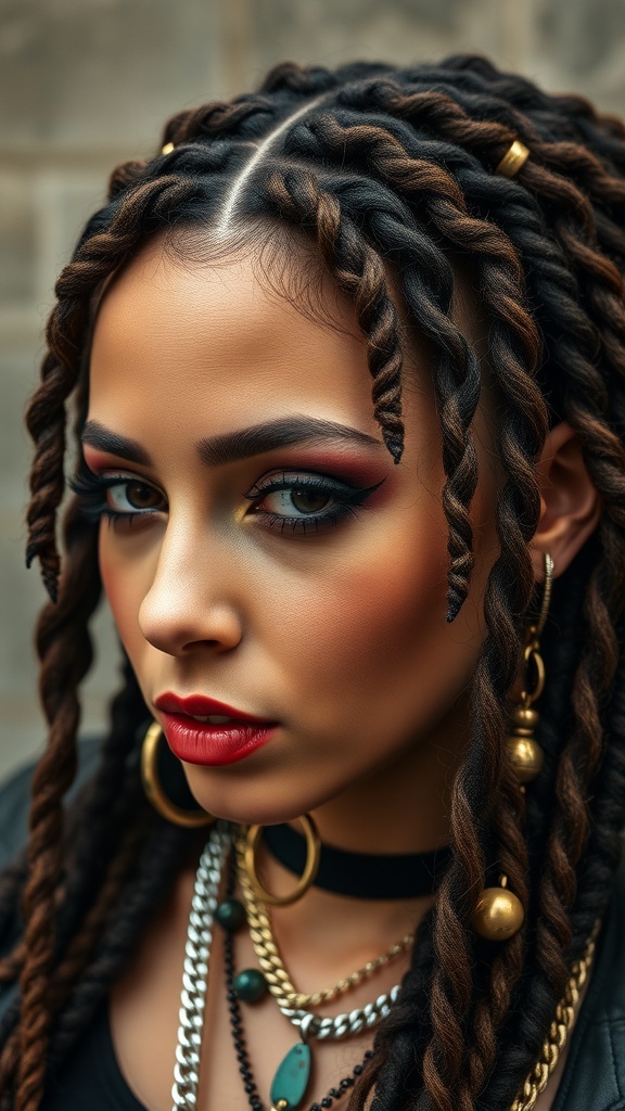 A close-up of a person with tight ringlets styled in a grunge fashion, featuring bold makeup and layered jewelry.