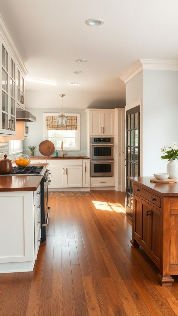 A bright kitchen featuring wooden flooring, white cabinets, and modern appliances.