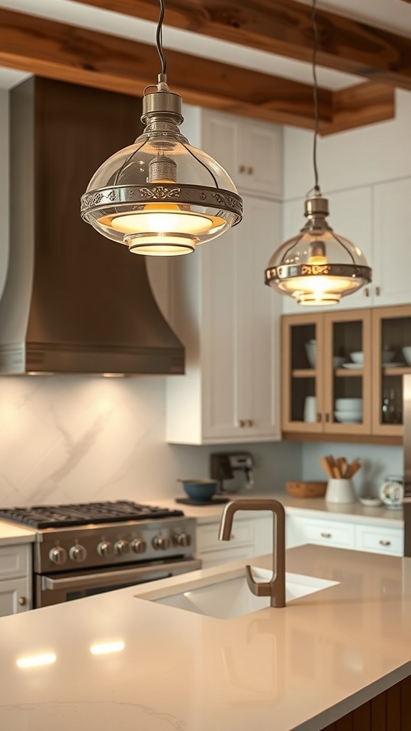 Two stylish pendant lights hanging over a kitchen island.