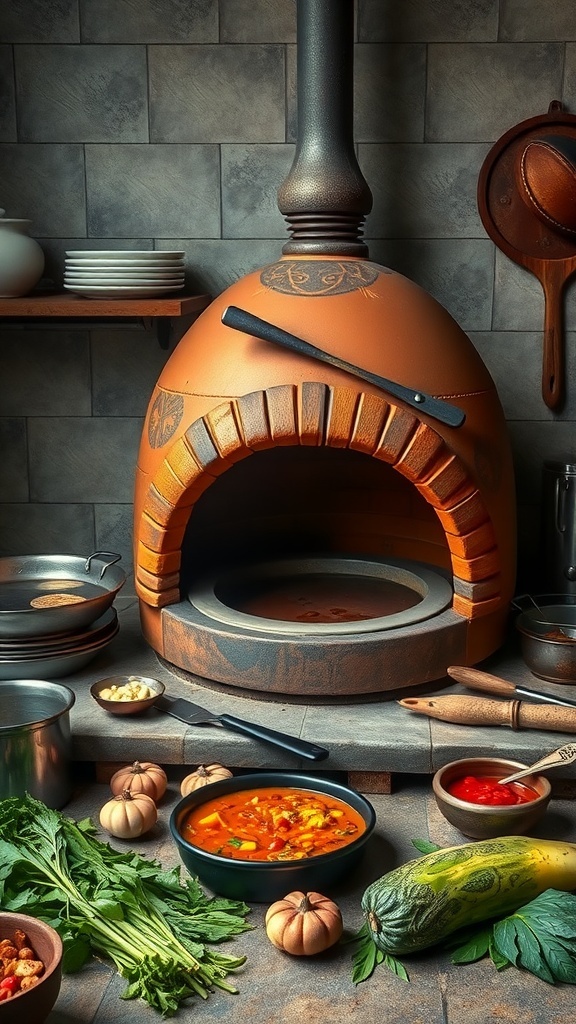 Traditional clay tandoor oven with various cooking utensils and ingredients around it.