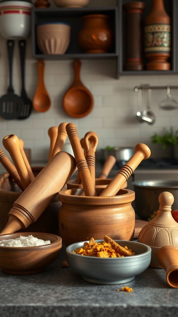 Traditional Indian cooking utensils including wooden rolling pins and clay pots.