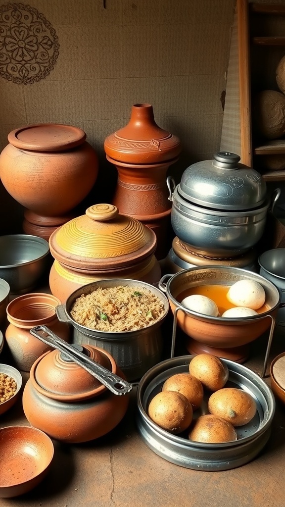 A collection of traditional cooking utensils including clay pots and metal vessels in a South Indian kitchen.