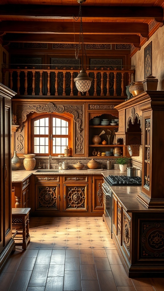 A traditional Indian kitchen featuring handcrafted wooden furniture with intricate carvings.