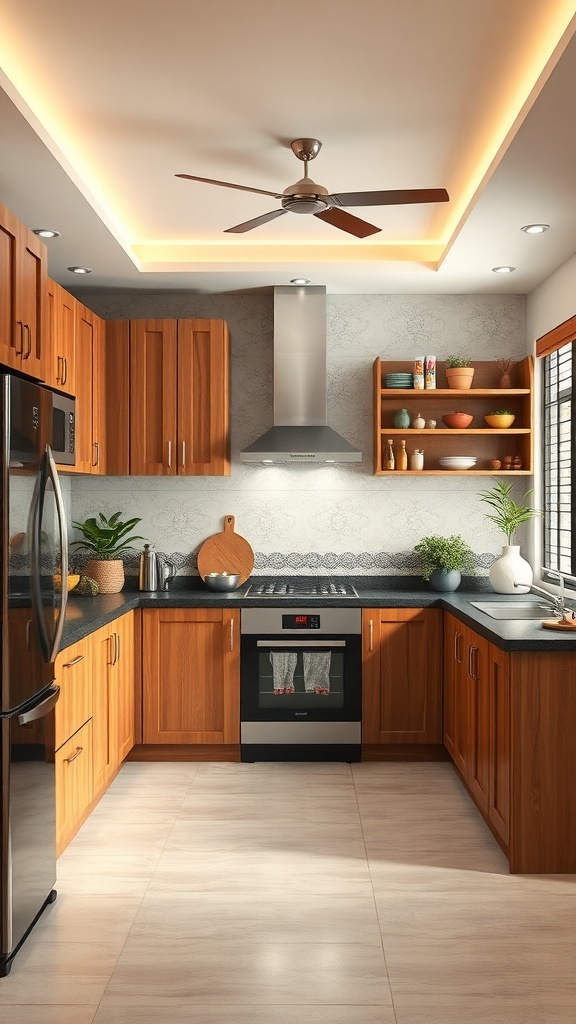 A modern modular kitchen featuring wooden cabinets and sleek countertops.