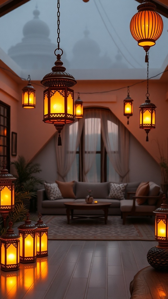 A cozy living room with traditional Indian lanterns and warm lighting.