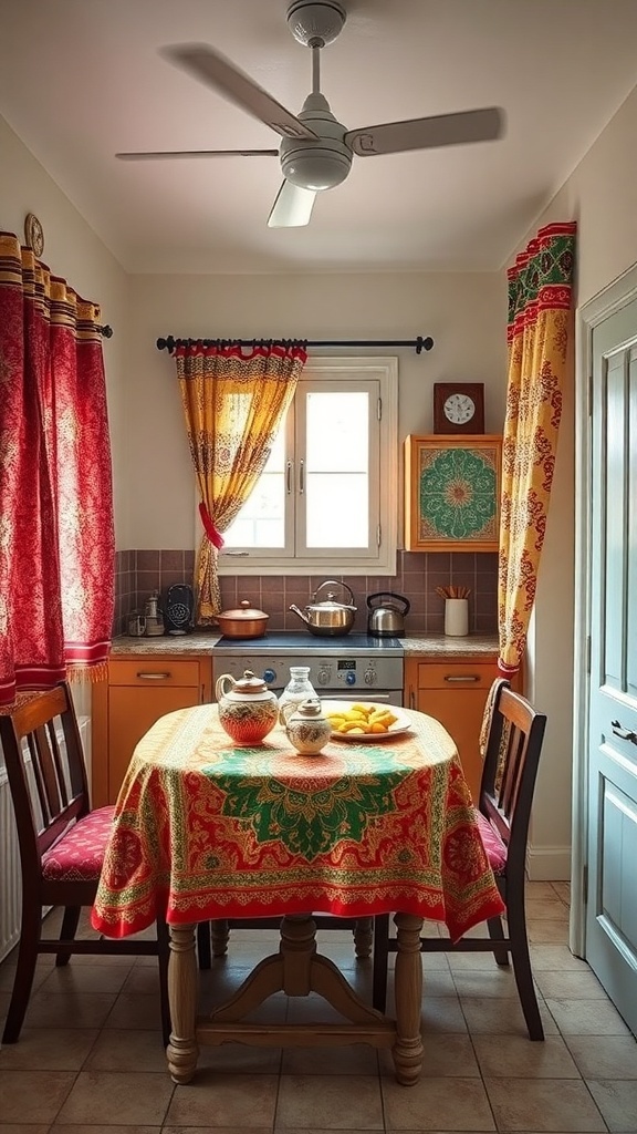 A cozy kitchen featuring traditional Indian textiles with vibrant curtains and a decorative tablecloth.