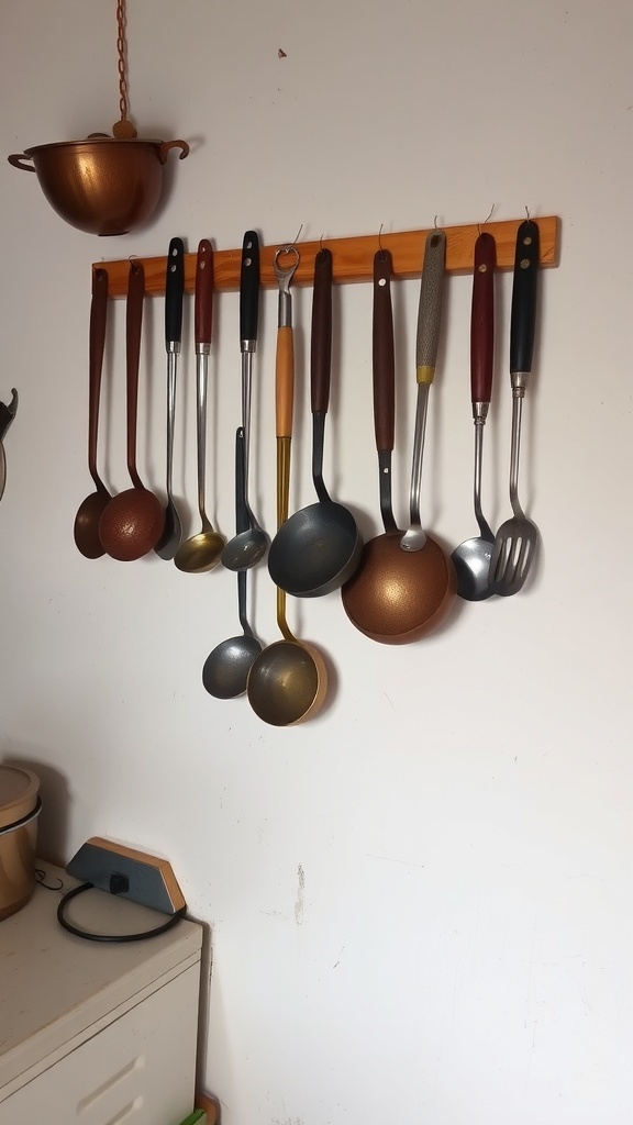 A collection of traditional Indian utensils hanging on a wall, including ladles and a copper pot.