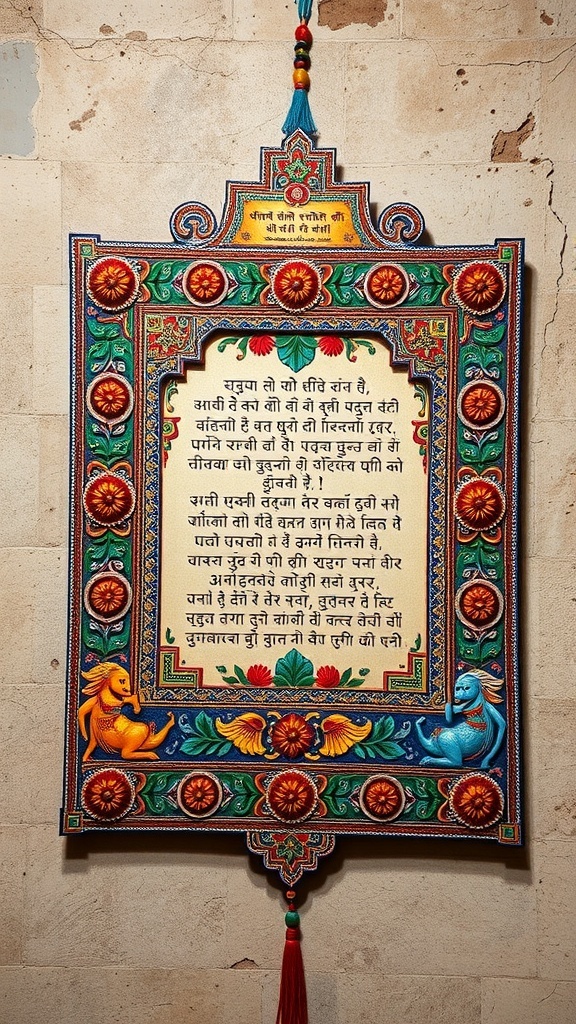 Colorful traditional Indian wall art with intricate designs and text.