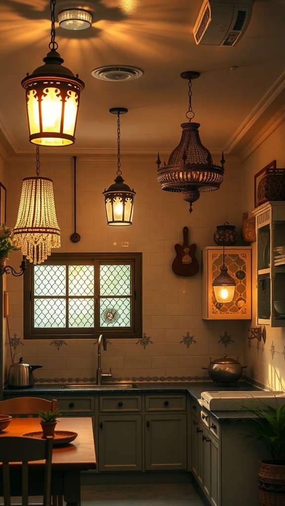 A cozy Indian-style kitchen with traditional lighting fixtures.