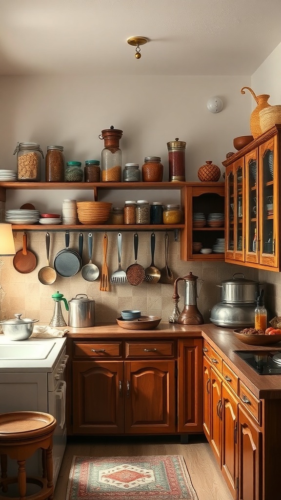 A cozy Indian kitchen featuring traditional wooden cabinets and shelves filled with jars and utensils.