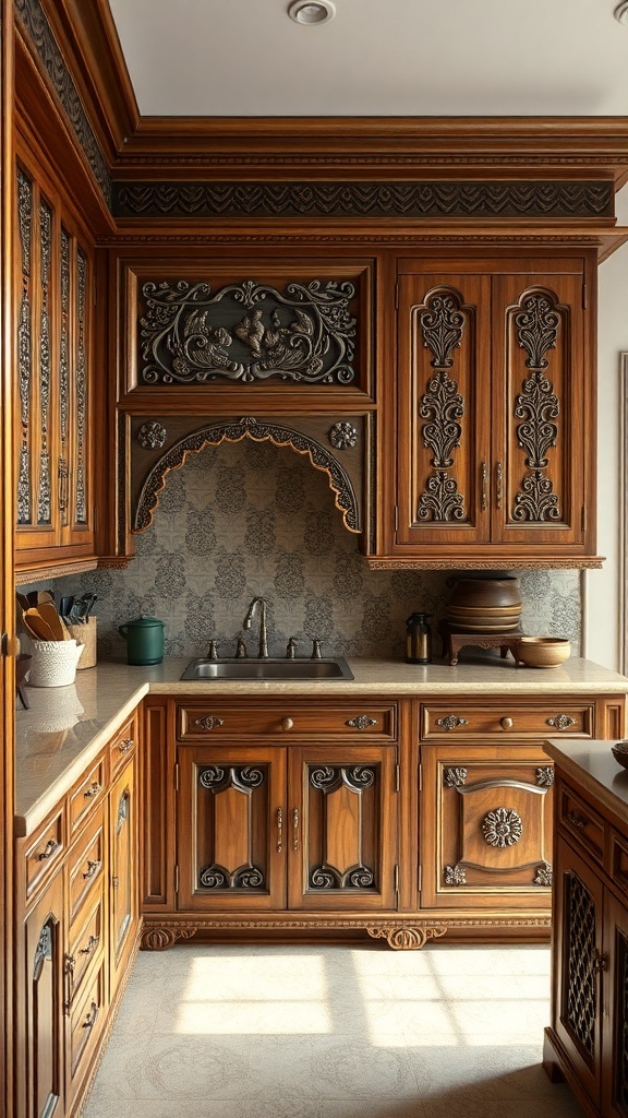 Traditional wooden kitchen cabinets with intricate carvings