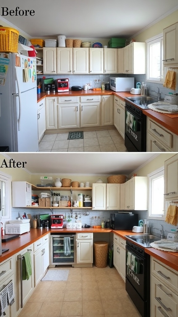 Before and after images of a kitchen transformation showing cluttered space turned into a functional area.