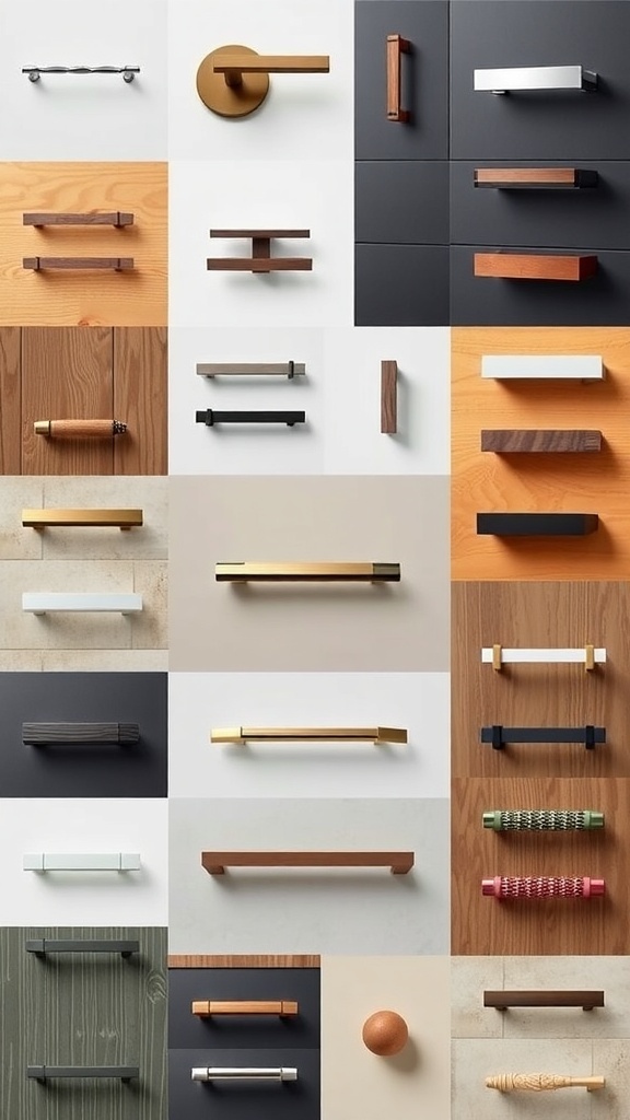 A variety of kitchen cabinet handles and pulls in different styles and materials.