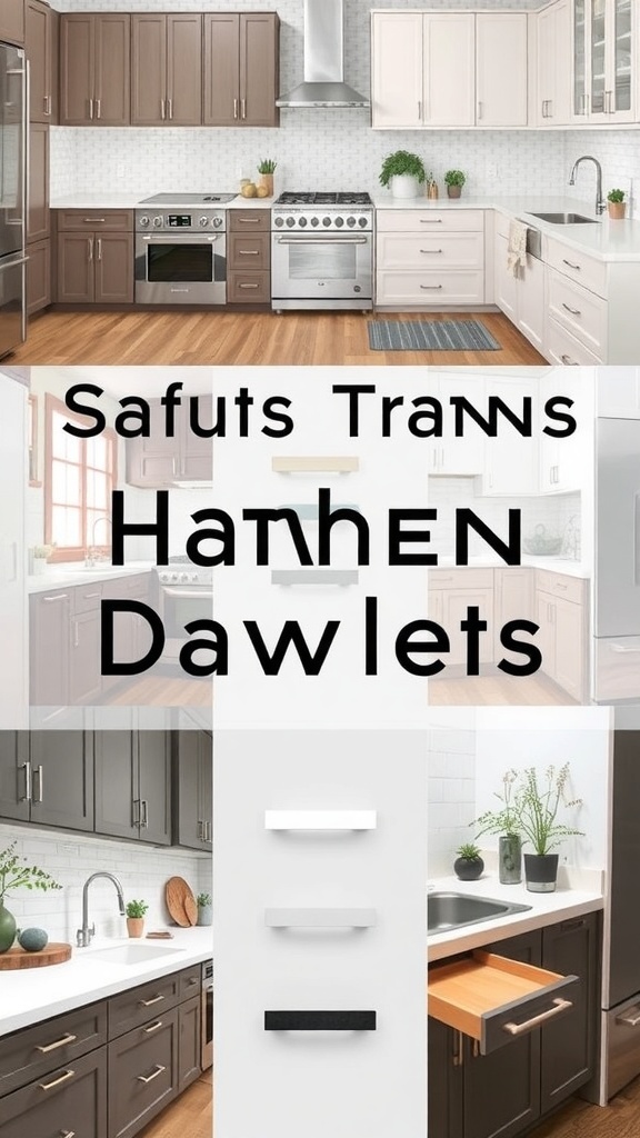 A collage of modern and vintage kitchen drawer handles.