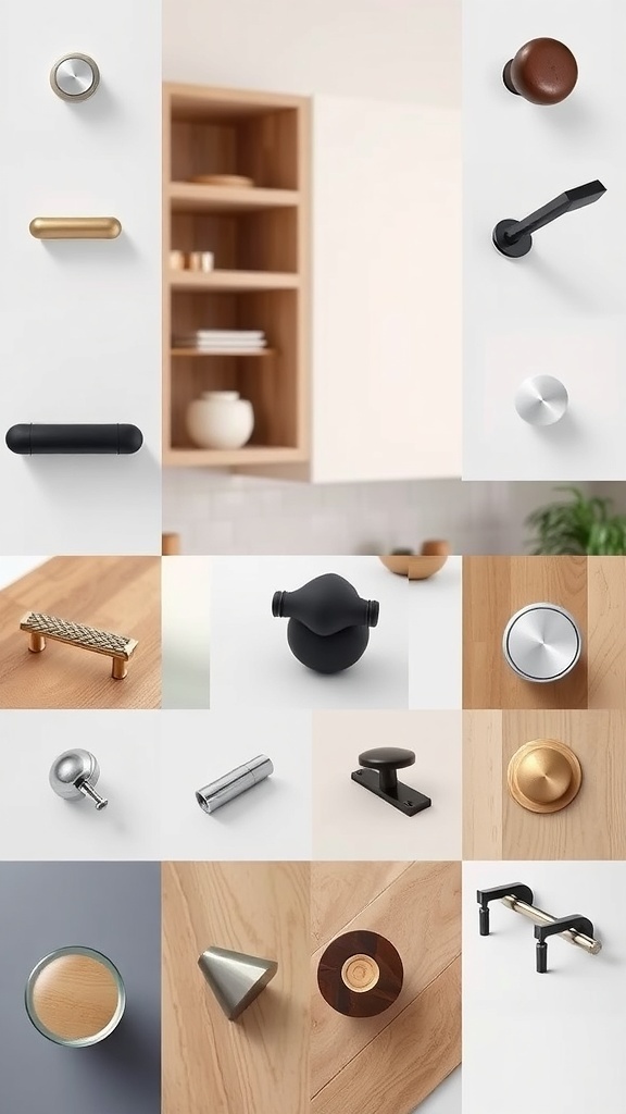 A variety of kitchen handles and knobs in different styles and materials.