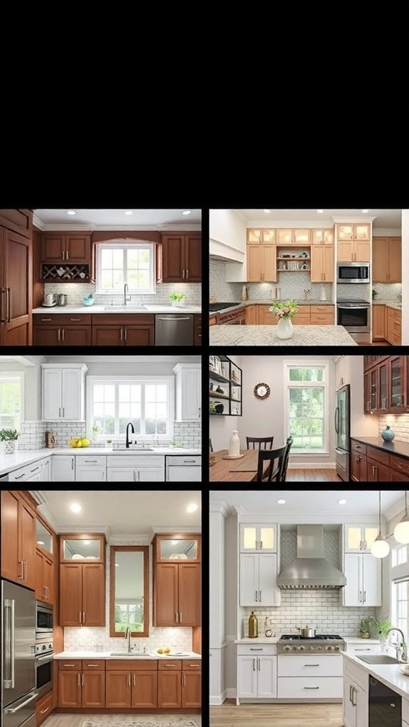Various styles of upper corner kitchen cabinets showcasing modern designs and materials.