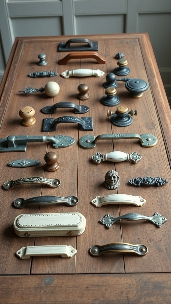 Various vintage and antique kitchen cupboard handles displayed on a wooden table.
