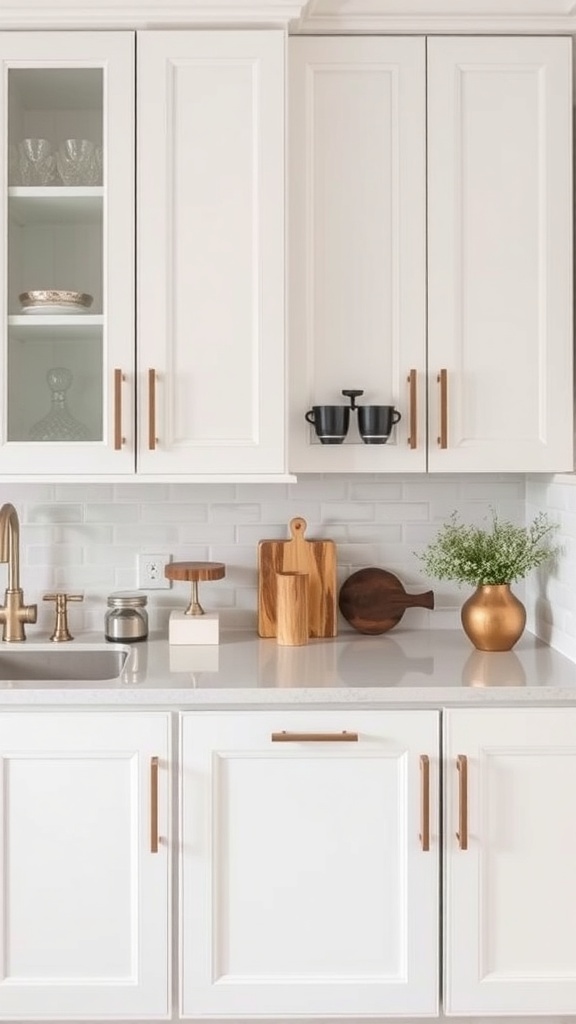 A modern kitchen featuring white cabinets with brass hardware and a clean countertop.