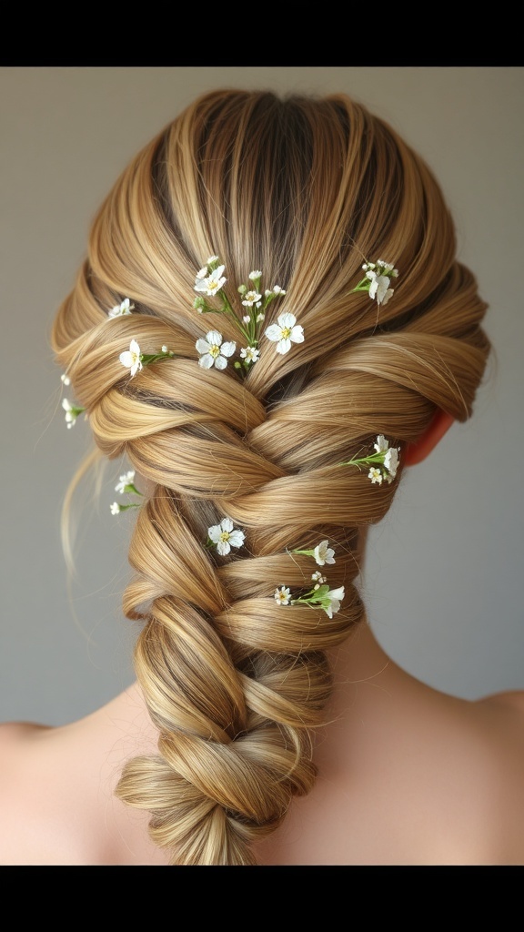 A twisted braid hairstyle adorned with small white flowers.