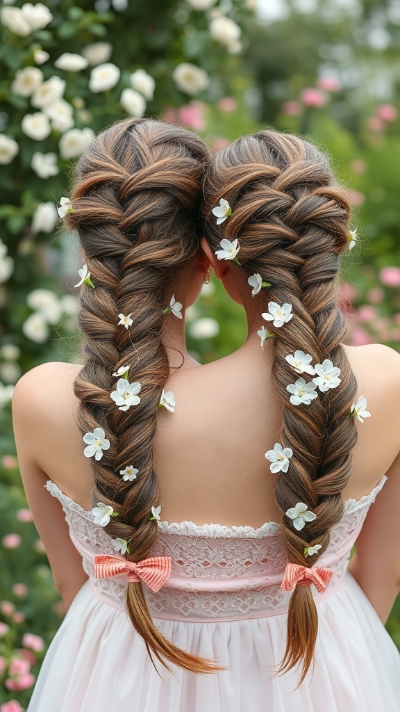 Two girls with twisted braids decorated with flowers, standing in a garden
