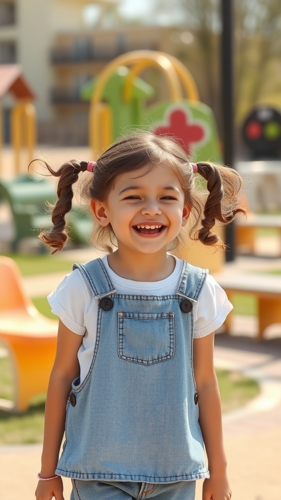 A young girl with curly hair styled in twisted pigtails, smiling happily in a playground setting.