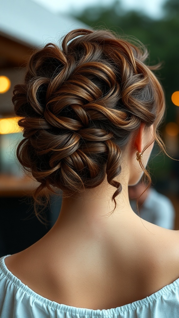 A woman with a twisted curly updo hairstyle, showcasing intricate curls and twists from the back.