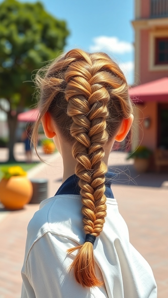 A close-up view of a twisted feed-in braid hairstyle, showcasing a neat and stylish braided ponytail.