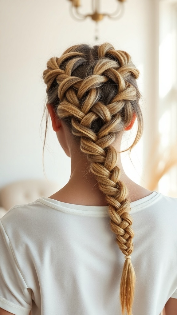 A woman with a twisted halo braid hairstyle showcasing intricate braids and a long braid down her back.