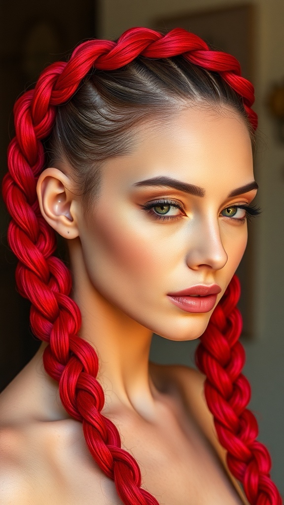 A close-up of a woman with two thick twisted red rope braids framing her face.