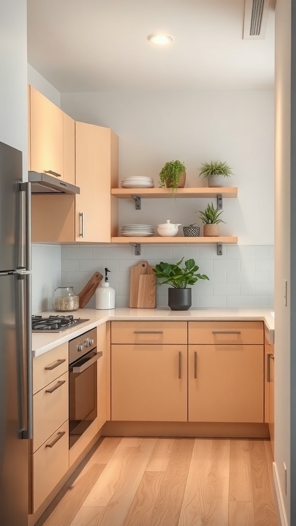 A small kitchen featuring two-tone cabinets with light wood on top and darker wood below, complemented by open shelving and plants.