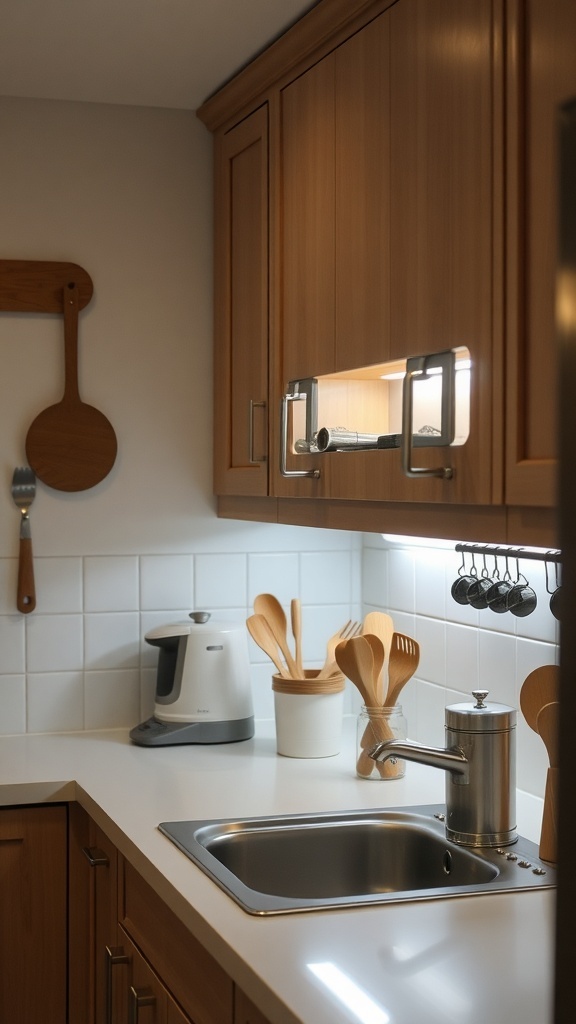 A small kitchen with under-cabinet lighting illuminating the countertop and various kitchen utensils.