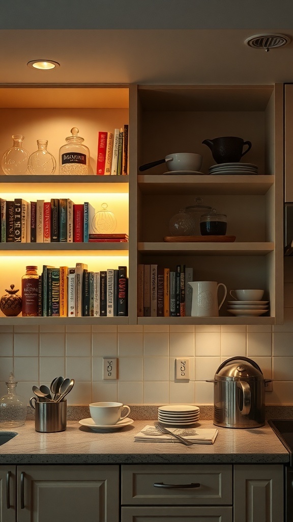 A cozy kitchen with under-cabinet lighting and open shelving displaying books and dishes.