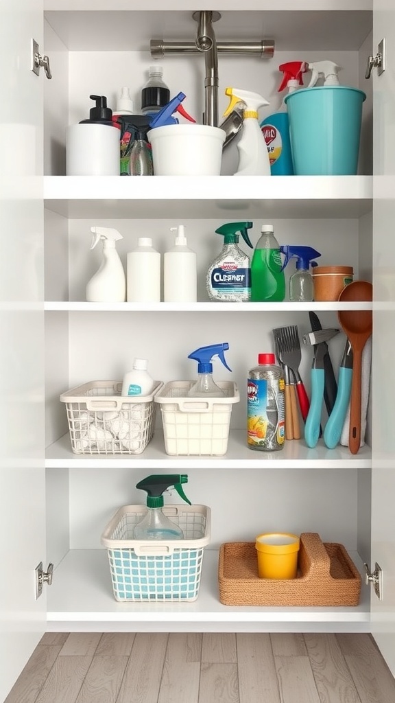 Organized under-sink cabinet with cleaning supplies in baskets.