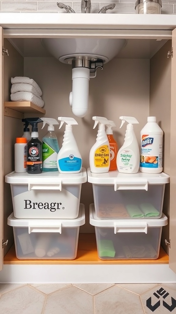 Organized under-sink storage with cleaning supplies and towels in clear bins.