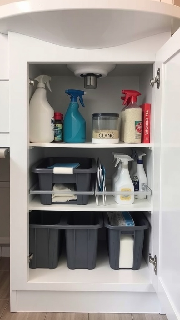 Organized under-sink storage with cleaning supplies and bins.