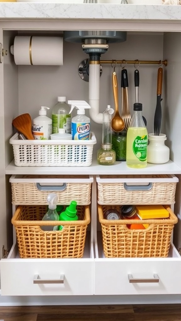 Organized under-sink storage with baskets and cleaning supplies.