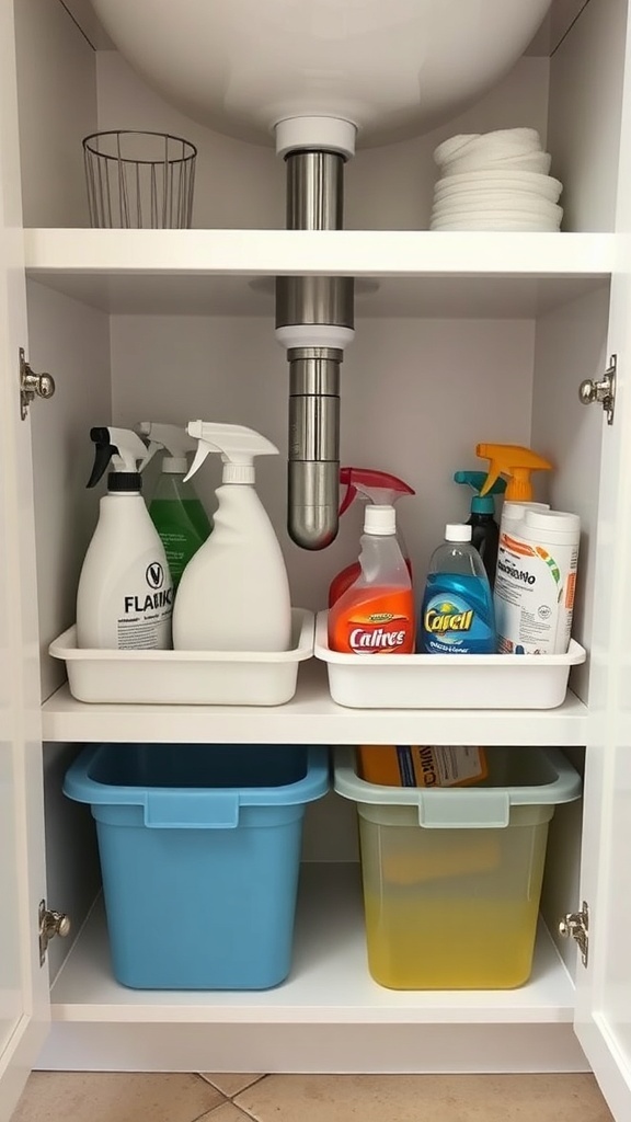 Organized under-sink storage with cleaning supplies and bins.