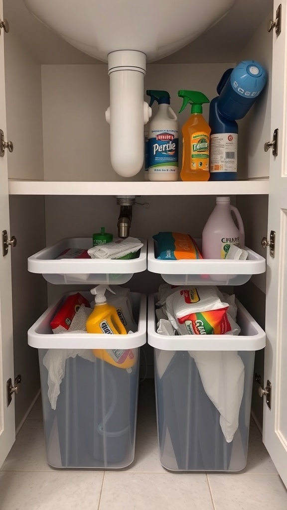 Organized under-sink storage with cleaning supplies in clear bins.
